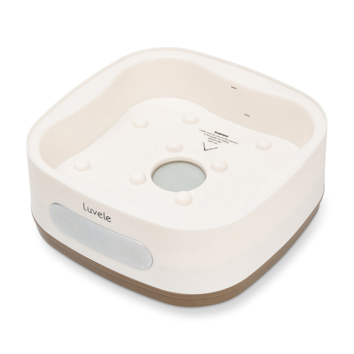 White and beige electronic device with 'Luvele' branding on a white background