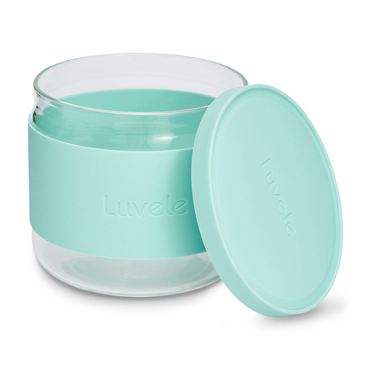 Mint green container with lid on a white background