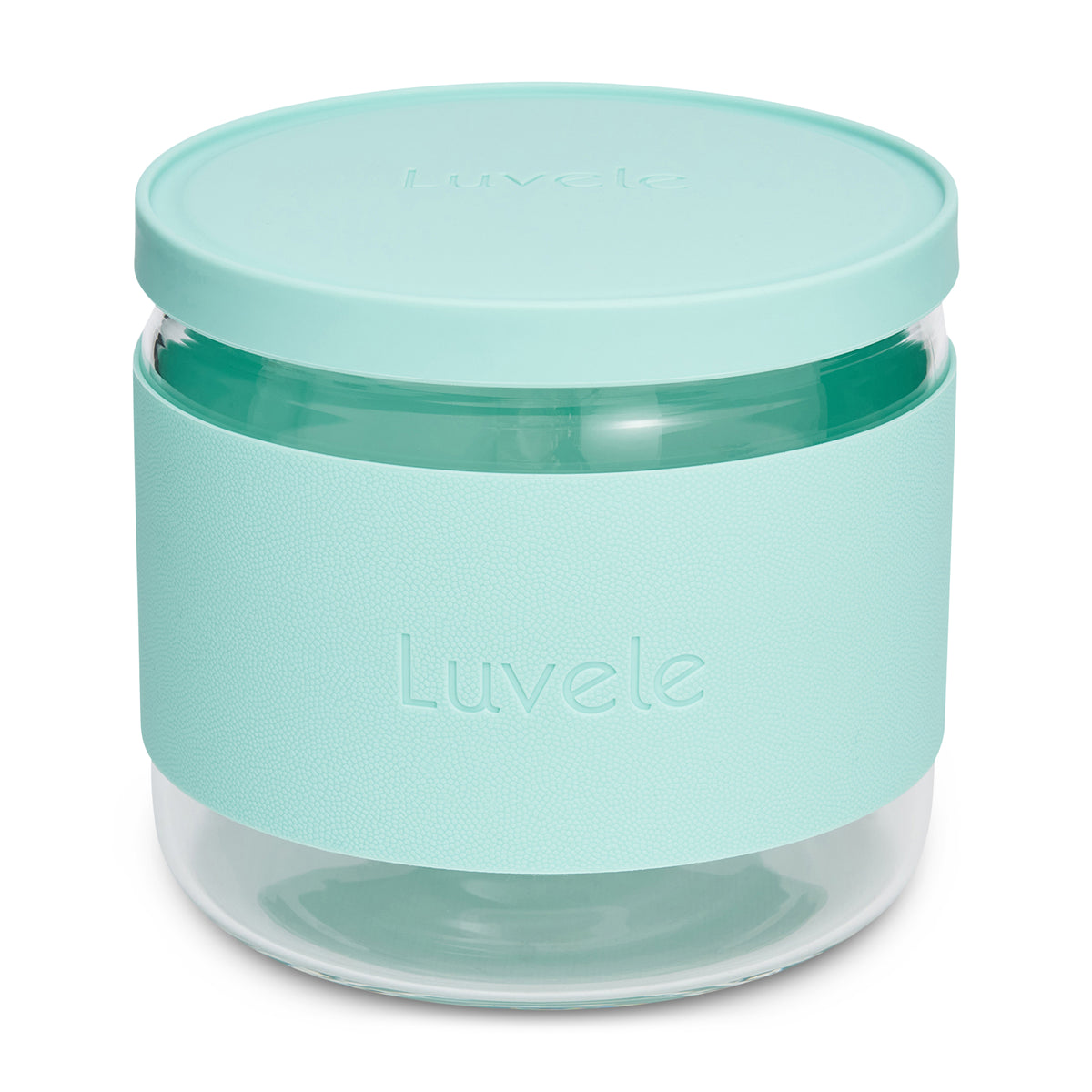 Mint green container with clear glass body and lid on a white background