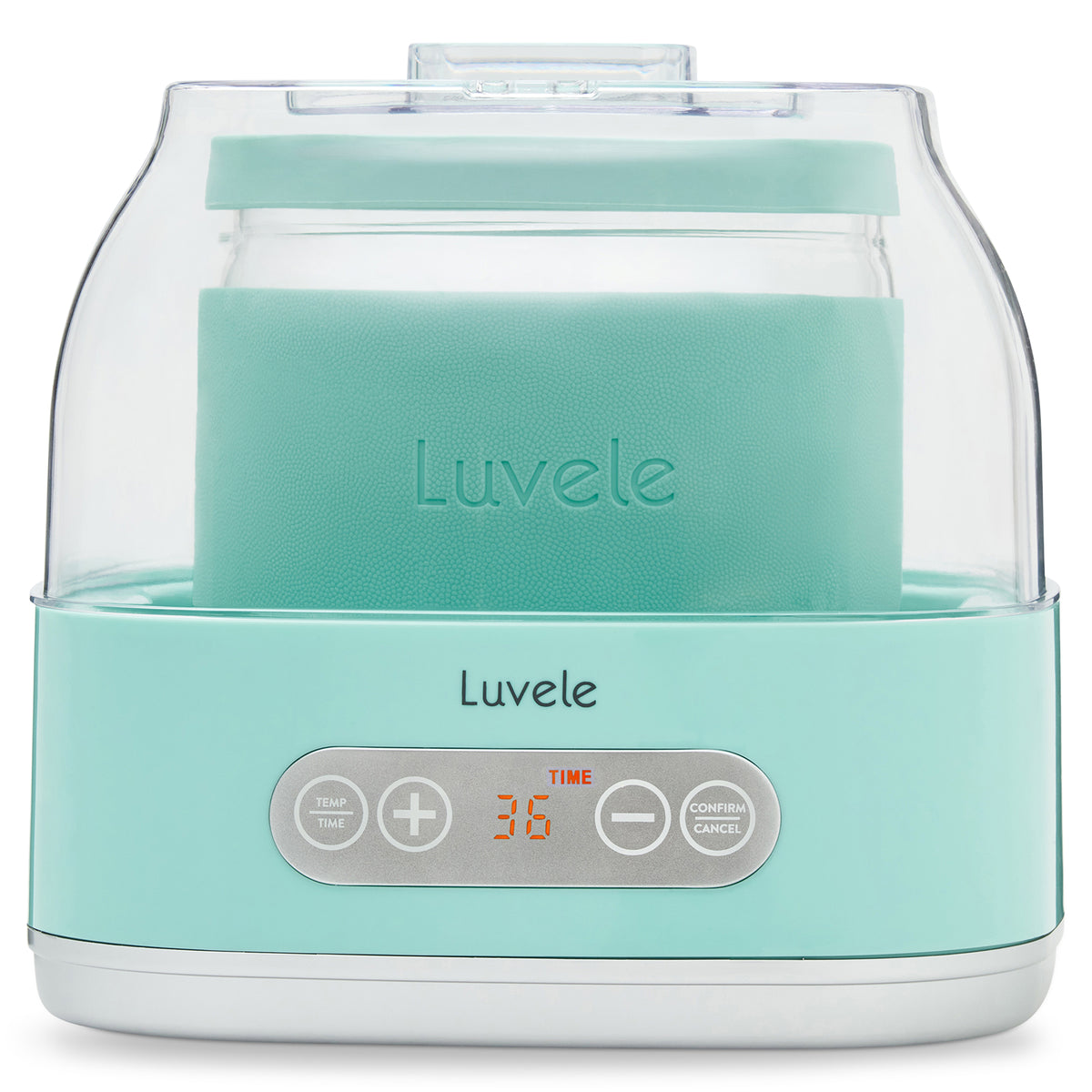 Turquoise yogurt maker with 'Luvele' branding on a white background