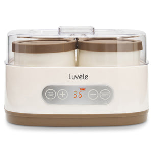 Luvele yogurt maker with two brown lids on a white background
